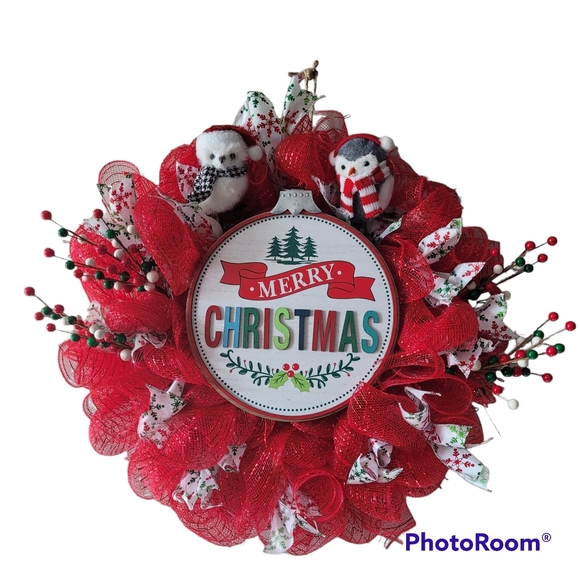 Merry Christmas Wreath with Owls, Ribbon, and Colorful Wooden Ornament Sign - Picture 1 of 4